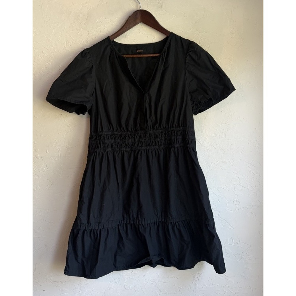 Quince 100% Organic Cotton Poplin Black Tiered Mini Dress M Minimalist